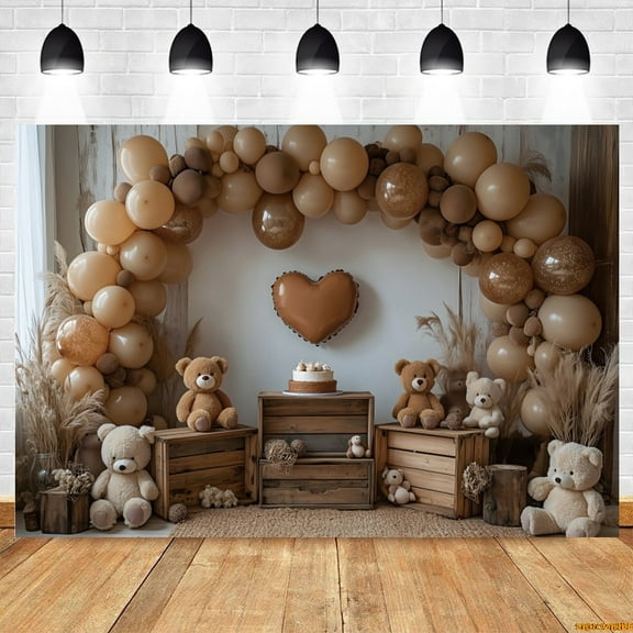 Baby 1st Birthday Backdrop Bohemian Pampas Toy Bear Brown Arch Balloon Kids Birthday Party Cake Smash Photography Background