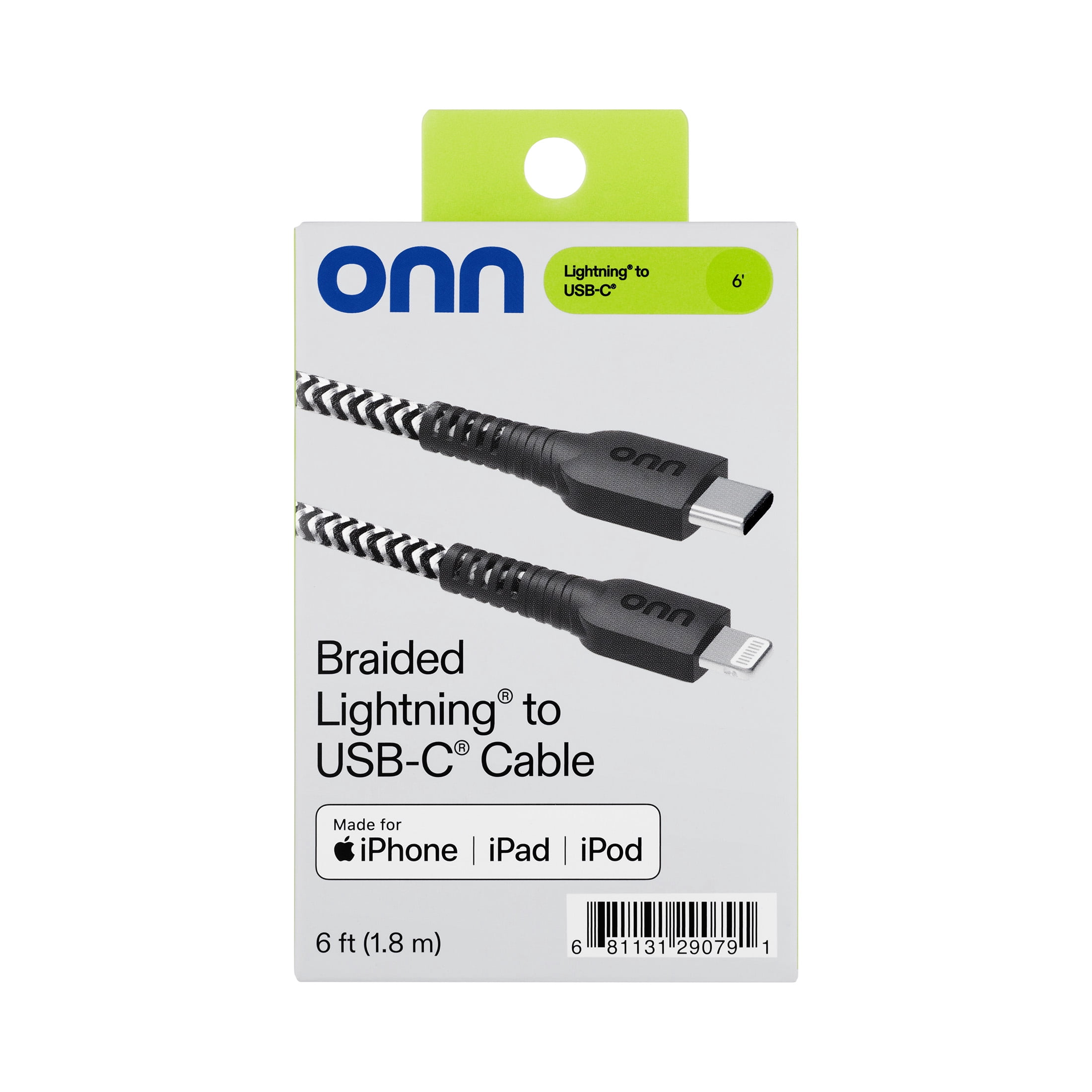 (2 pack) onn 6ft Lightning to USB-C Braided Charging Cable, Fast Charging, MFI Certified, Black - Compatible with iPhone 14/13/12/11/X/XR/XS/8/7/6/5, iPad, Airpods and more