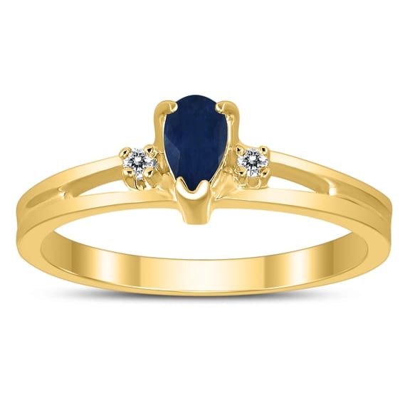 SZUL Women's 5X3MM Sapphire and Diamond Pear Shaped Open Three Stone Ring in 10K Yellow Gold