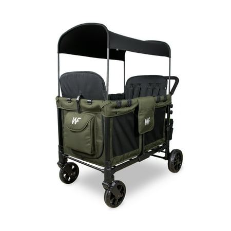WonderFold W4 4 Seater Quad Stroller Wagon, Stylish All Terrain Ride with Raised Seats & Adjustable Canopy, Olive Green
