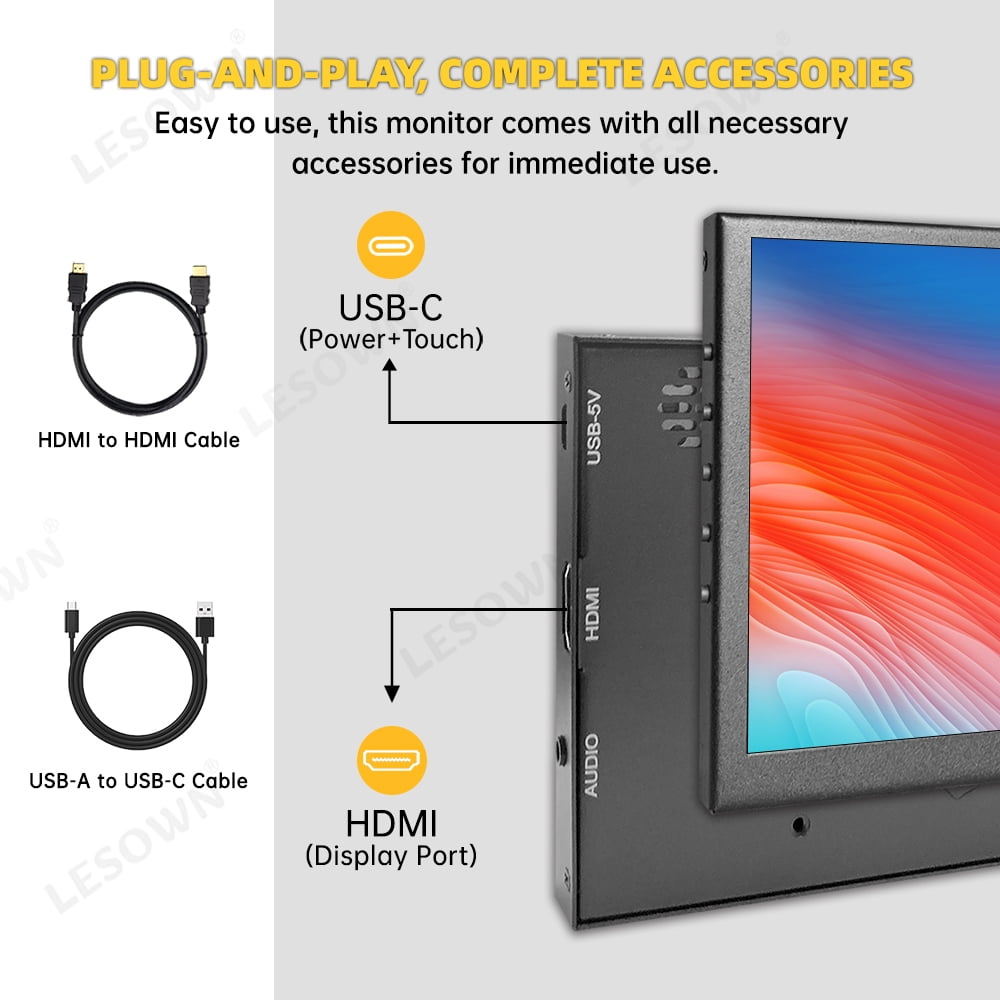 LESOWN Small Wide Monitor 7 inch Touch Screen 1024x600 IPS HDMI USB Portable Display with Speakers for Raspberry Pi Computer