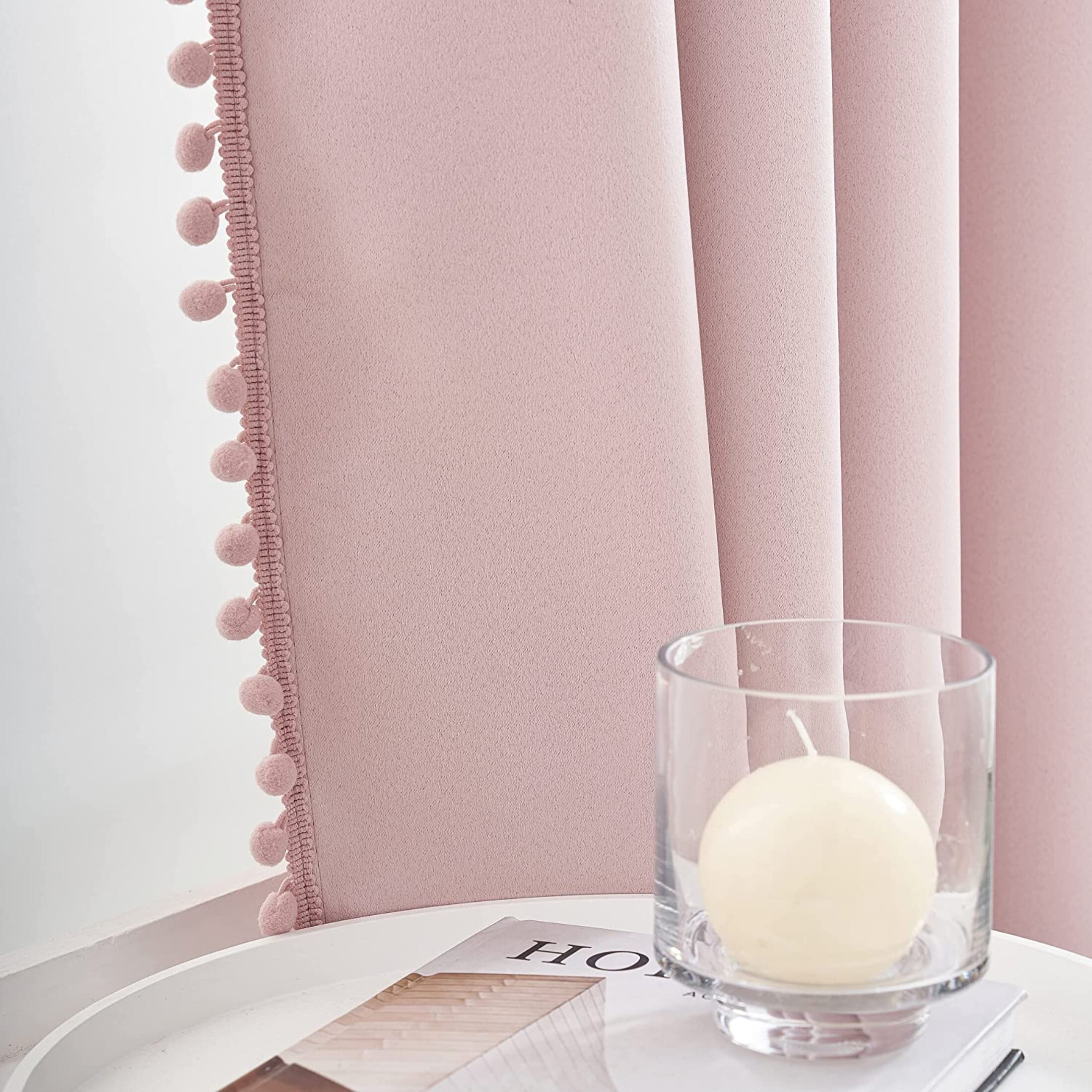 Flowpartex Pom Pom Energy Efficient Blackout Curtains, Set of 2 Solid Grommet Window Drapes for Kids Bedroom Living Room, Light Blocking Thermal Insulated, Pink, 52"W x 84"L