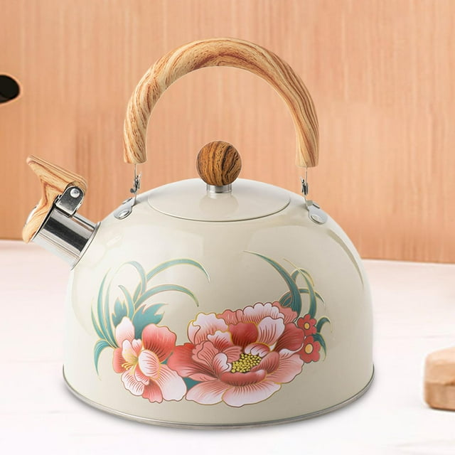 Hervidor de agua silbante de acero inoxidable con asa plegable, fácil de transportar, para inducción de gas, moderno, pequeño, con estampado de flores