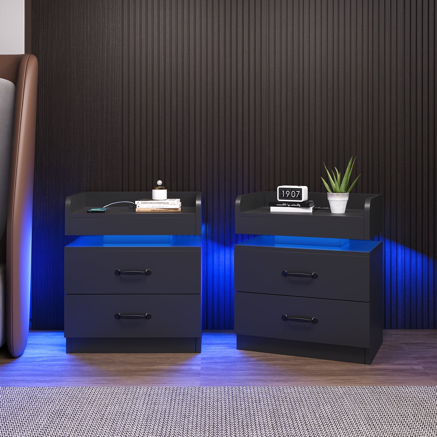 4 EVER WINNER Nightstand Set of 2 with Charging Station, LED Night Stand with 2 Drawers, Modern Beside End Table Side Table for Bedroom Living, Black