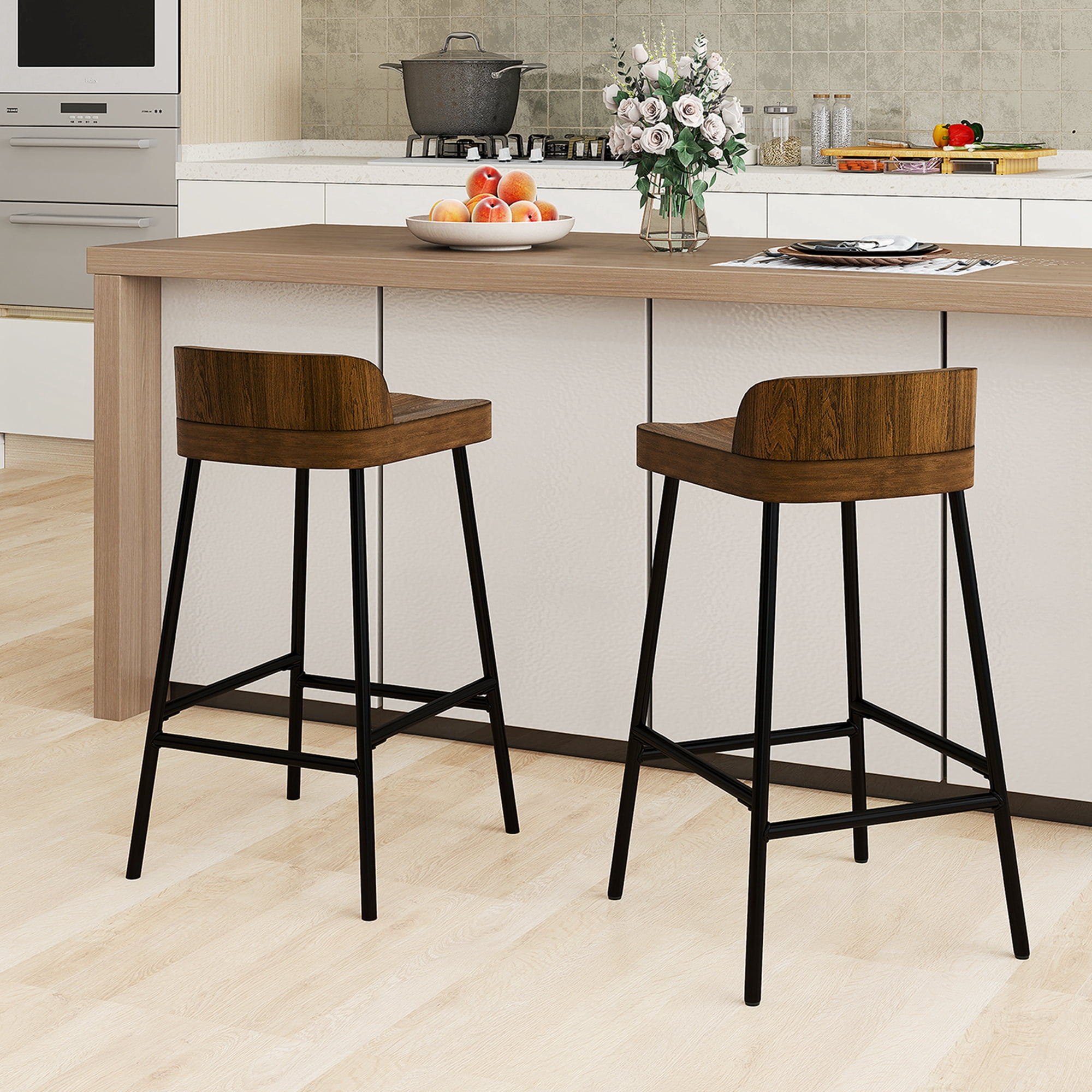 Costway Industrial 24.5'' Bar Counter Height Saddle wood Seat