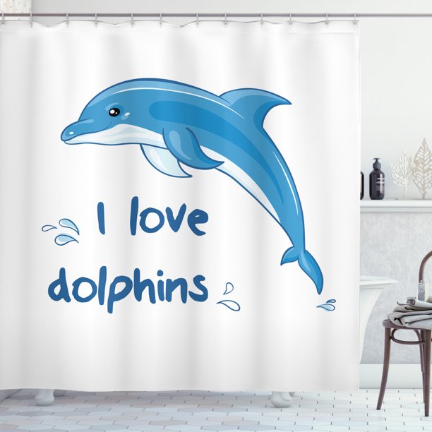 Dolphin Shower Curtain, Cartoon Style Ocean Animal with I Love Dolphins
