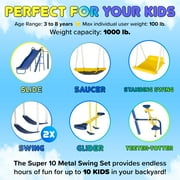 Sportspower Super 10 Metal Swing Set with Saucer Swing, Standing Swing, Teeter-Totter, on Slide & Bonus Anchor Kit, Great for Kids 3-8