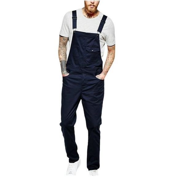 Men's Denim Bib Overalls Relaxed-Fit Solid Color Jean Rompers Bodysuits Wide Leg Casual Jumpsuit with Pockets