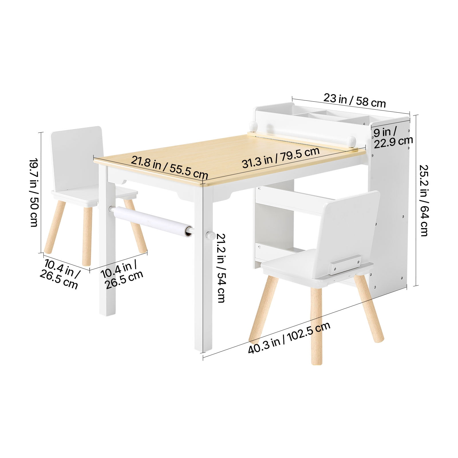 VEVOR Kids Art Table and Chair Set, Toddler Craft Table with 3 Tiers Storage Cabinet, Wooden Kids Activity Play Desk with 2 Chairs, Art Craft Play Desk for Reading, Learning, Drawing, Writing, White