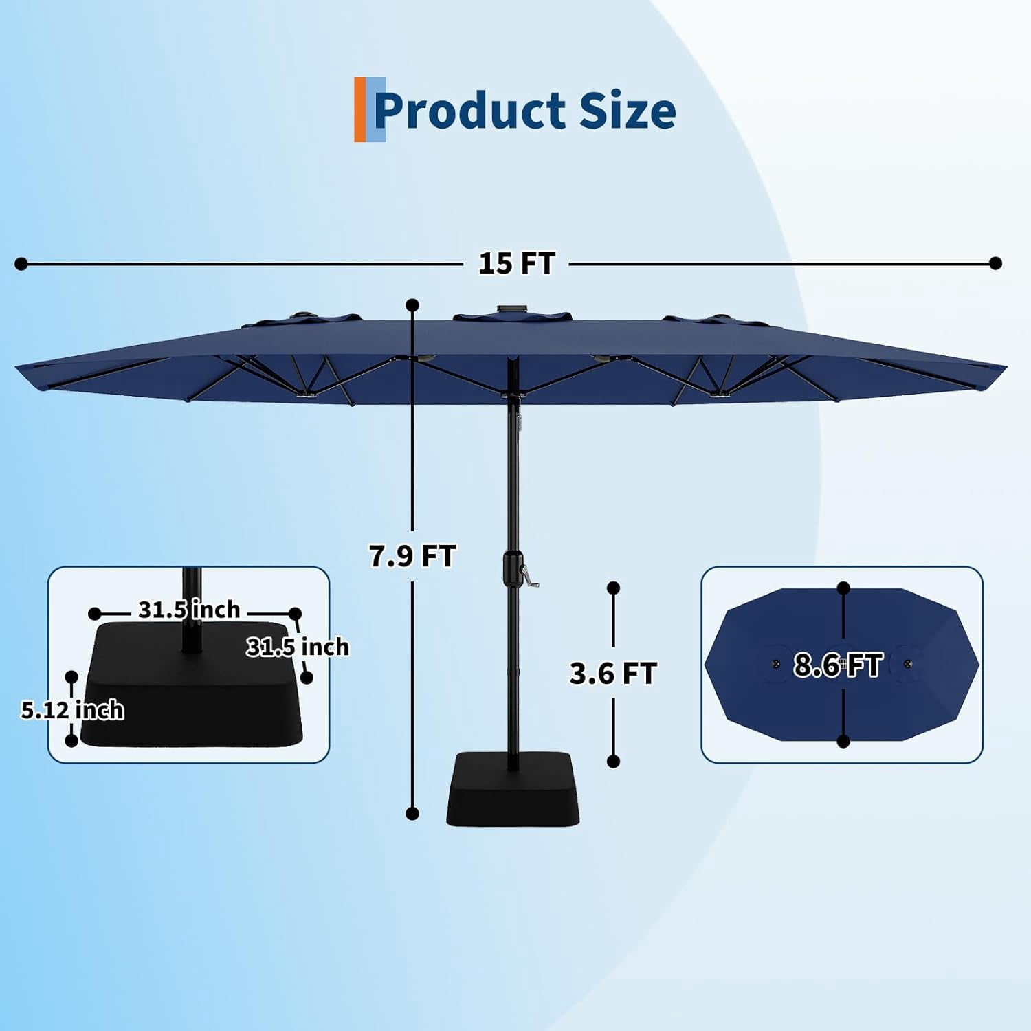 ChaoLink 15ft Large Patio Umbrella with Base & Solar Lights-Rectangular Patio Umbrella with Crank Handle, UV Protection for Outdoor Market
