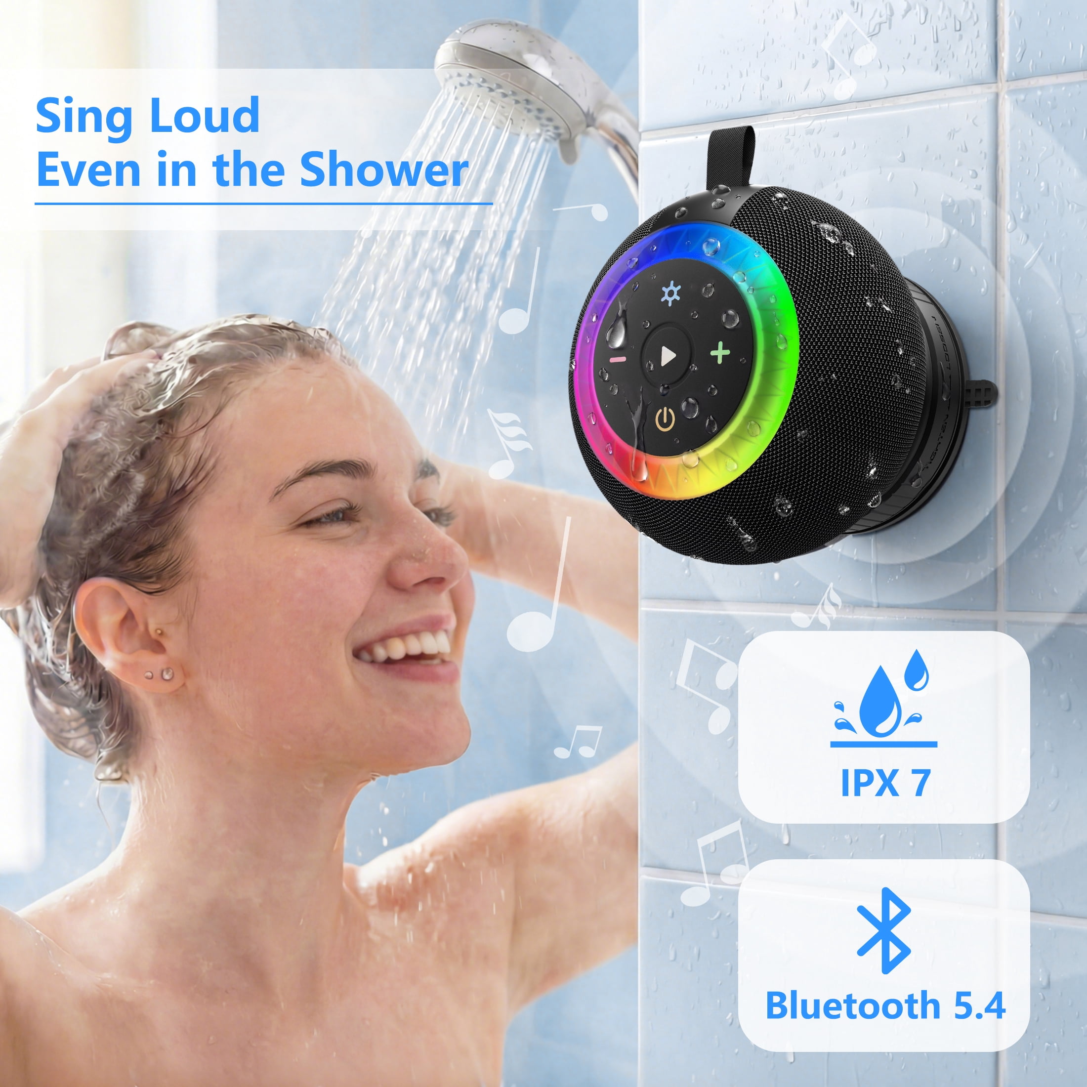 Portable Bluetooth Speaker, Waterproof Shower Speaker, IPX7 Removable Suction Cup with Vacuum Knob, 360° Surround Sound, RGB Lights, Outdoor Speaker Bluetooth for Pool, Beach, Kayak Essentials, Gifts