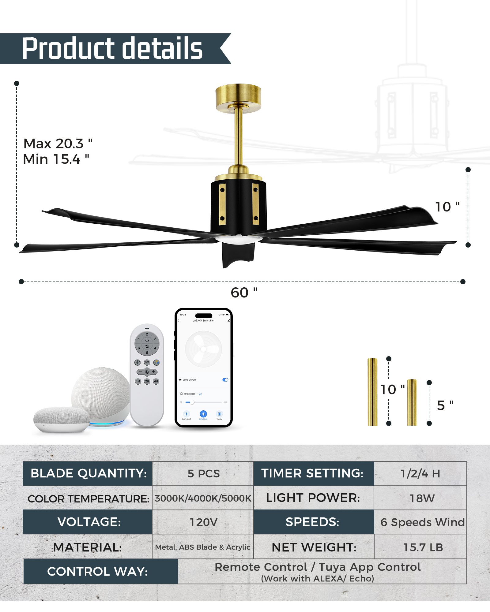 Ltmate 60 Inch Ceiling Fans with Lights and Remote, Black and Gold Ceiling Fans with Alexa Google Voice Control, 3 Color Temperatures and Quiet Reversible DC Motor