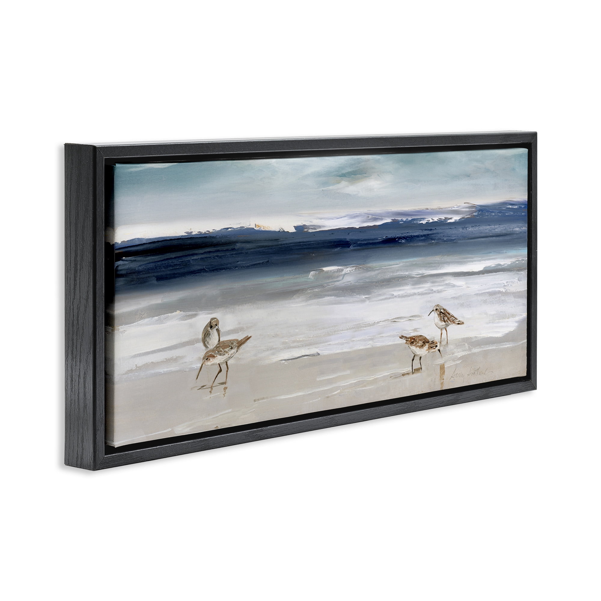 Stupell Industries Sandpipers Grazing Sea Shore Nature Painting Black Floater Framed Canvas Art Print Wall Art, 31 x 14
