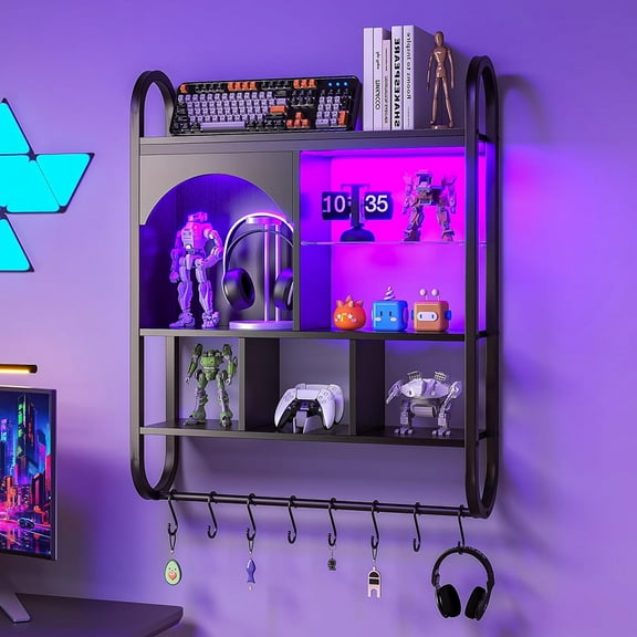 MIDOQIN LED Gaming Floating Shelves for Wall, Wood Hanging Display Rack, Wine Coffee Bar Rack Living Room Decor