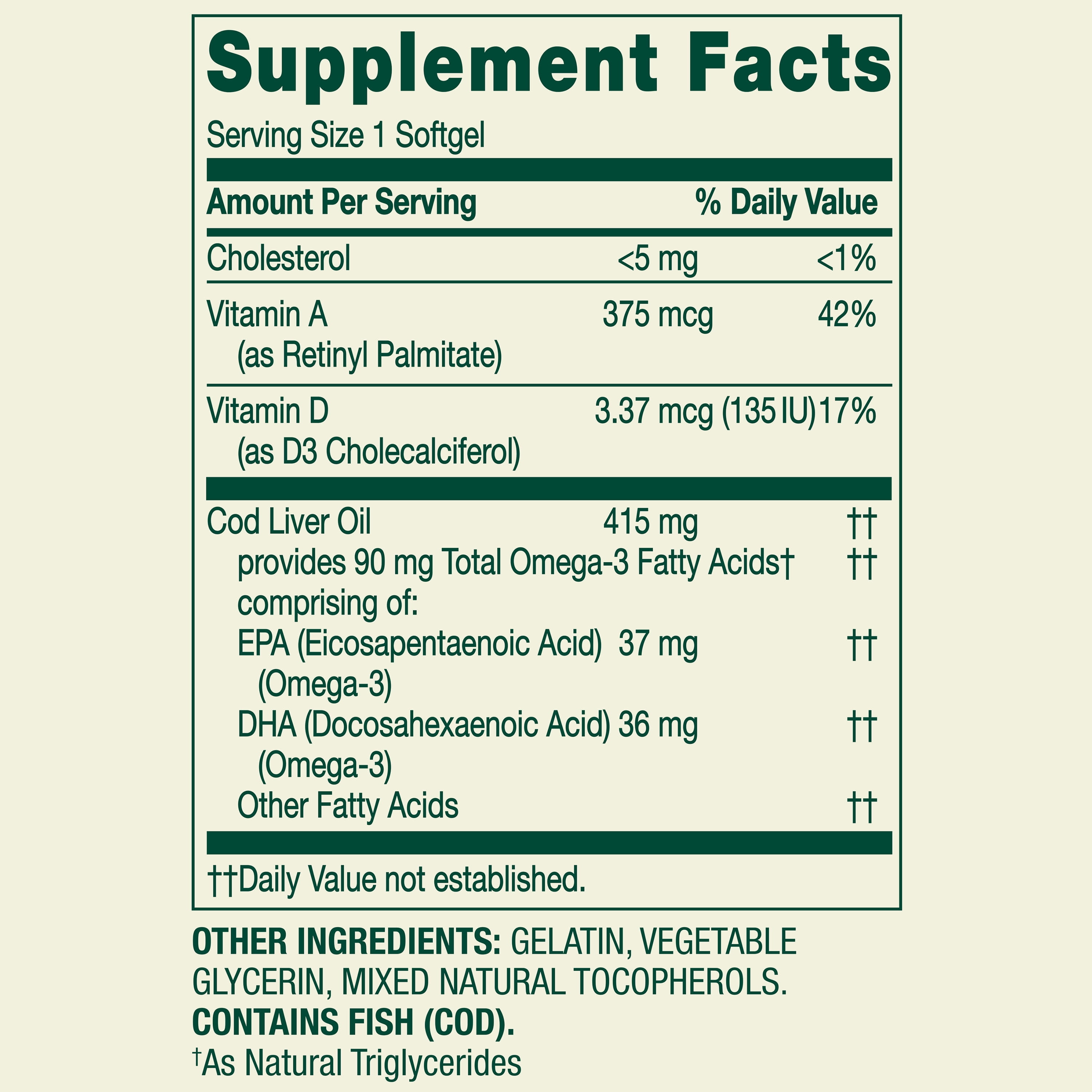 Spring Valley Cod Liver Oil Plus Vitamins A & D3 Dietary Supplement, 100 Count