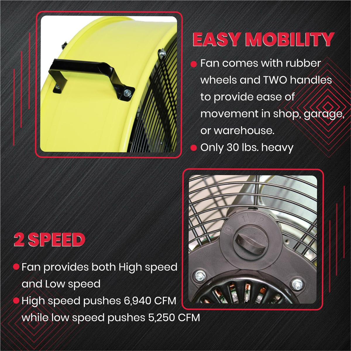 K Tool International 77740 24" Direct Drive Yellow 2-Speed Drum Fan with Wheels