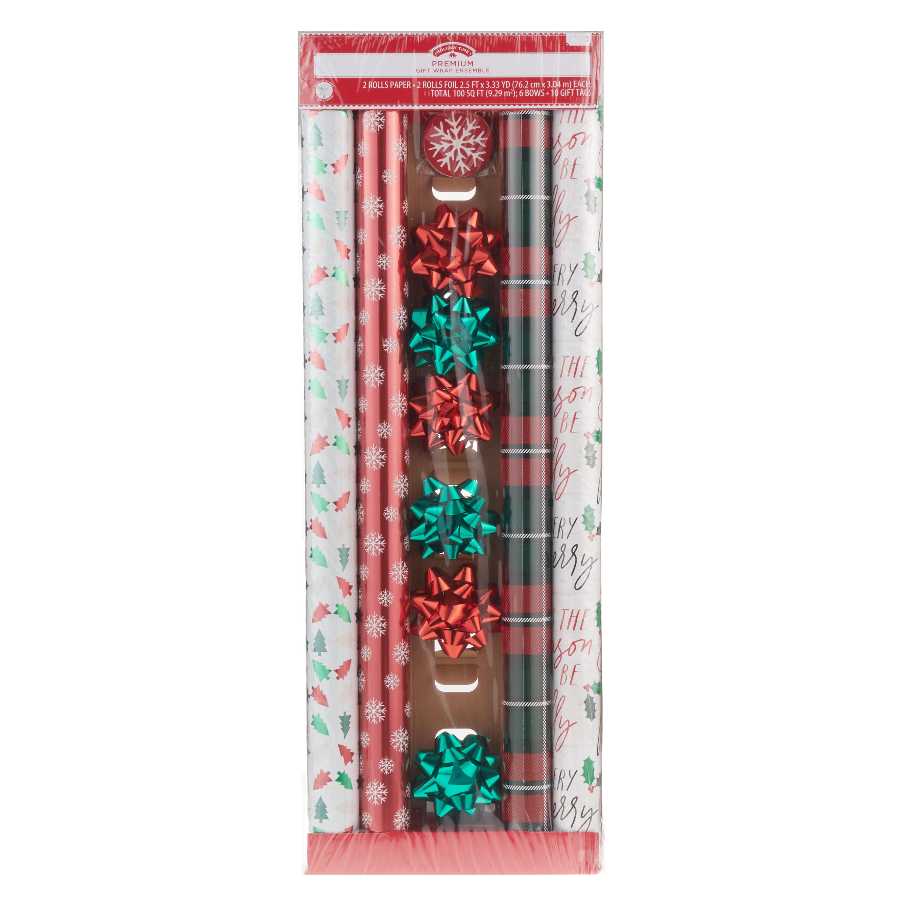Holiday Time Premium Foil & Paper Gift Wrap Ensemble, Red and Green