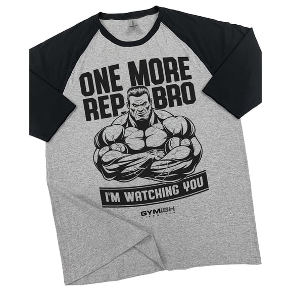 GYMISH RAGLAN One More Rep Bro! Workout Gym T-Shirt – Funny Gym Shirt for Men, Men's Fitness Tee, Heather Grey, Small