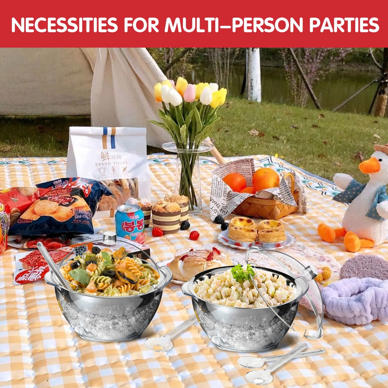Innovative Life Large Salad Bowl on Ice with Lid,Veggie Platter ,Party Supplies,Chilled Mixing Serving Bowl for Party
