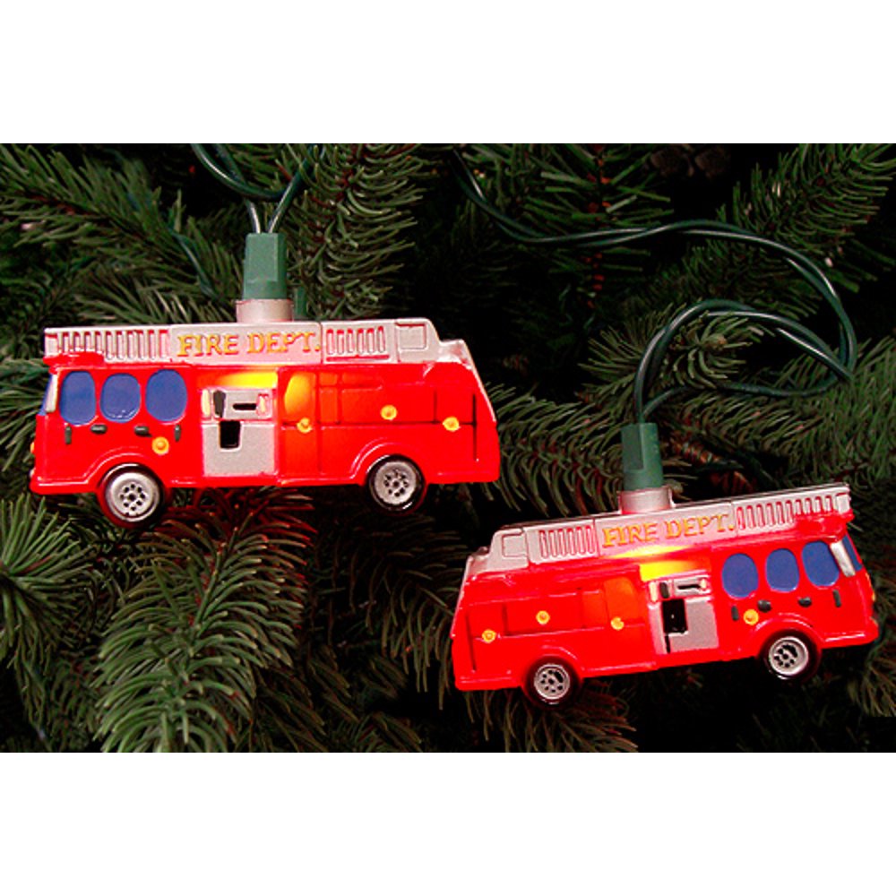 Set of 10 Fire Department Red Truck Christmas Lights - Green Wire