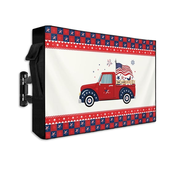 Retro Truck with Flag American Star Outdoor TV Cover 52 to 55 Inch Waterproof, Red Blue Star Buffalo Checker 600D Oxford TV Covers with Zipper, Outside Flat TV Screen Protector 52"Wx19"Hx4.5"D