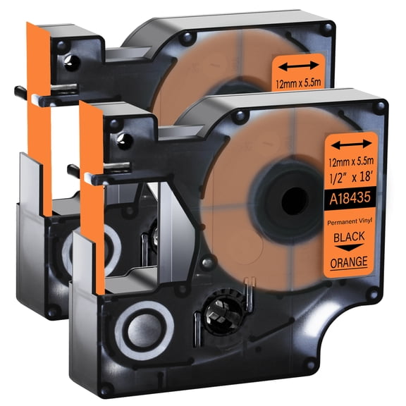 GREENCYCLE 2PK Compatible for DYMO 18435 12mm 5.5m Black on Orange Vinyl Label Maker Tape