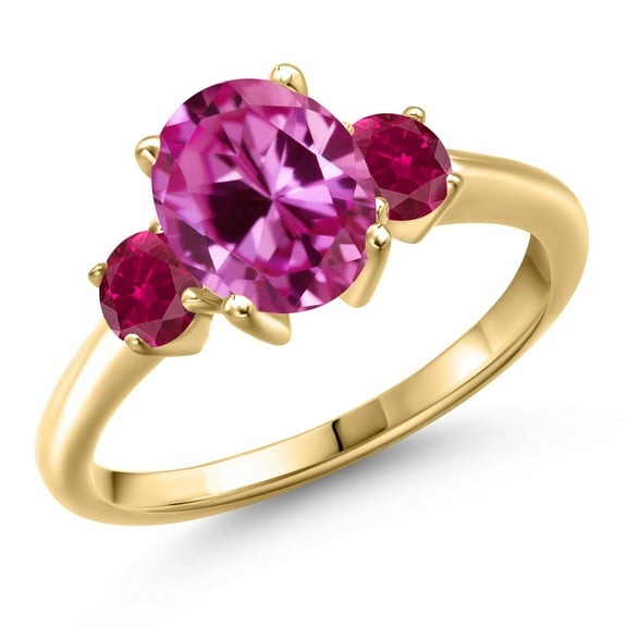 Gem Stone King 10K Yellow Gold Pink Created Sapphire and Red Created Ruby Engagement Ring for Women | 1.50 Cttw | Oval 9X7MM | Gemstone September Birthstone | Size 6
