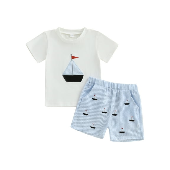 BemeyourBBs Toddler Boys Summer Outfits Sailboat Embroidery T-Shirts Shorts
