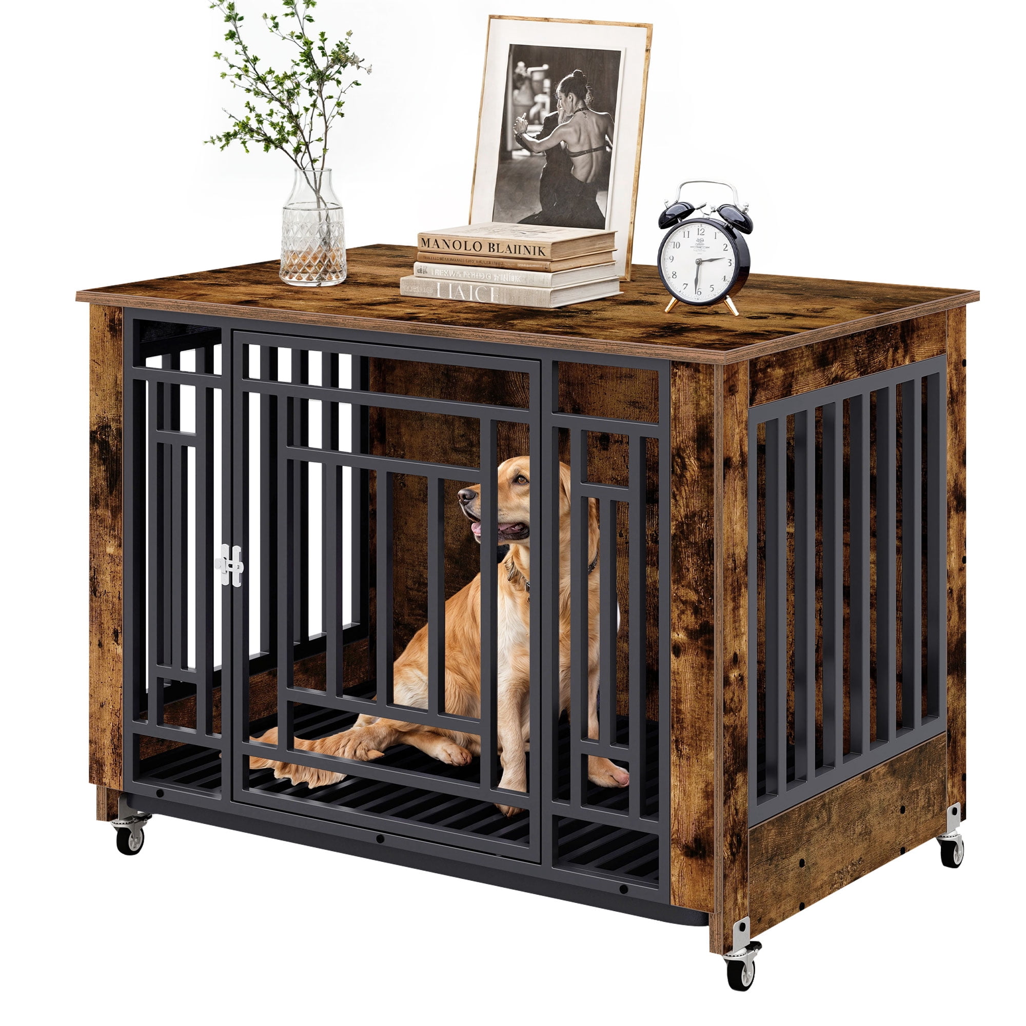 Dextrus 38.2 Inch Dog Crate Furniture with Wheels, Wooden Indoor Dog Kennel with Removable Tray End Table for Dogs