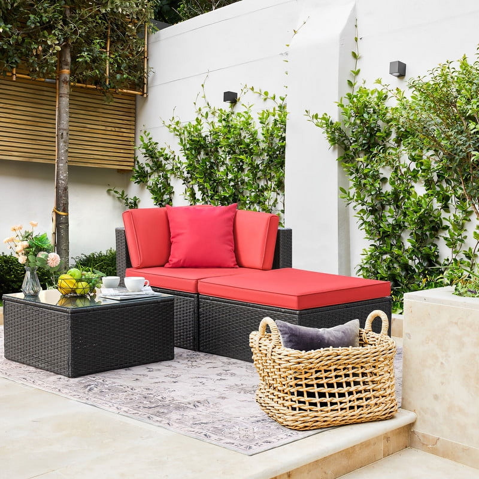 Devoko Outdoor Sectional Sofa PE Rattan Patio Furniture Sets with Cushions and Table,Red