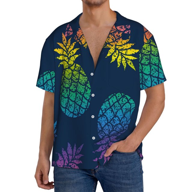 Balery Abstract Bright Pineapple Fruit Retro Camisa Casual de Manga Corta con Botones para Hombre, Texturizada, Estilo Cubano, para Playa, Verano-X-Large