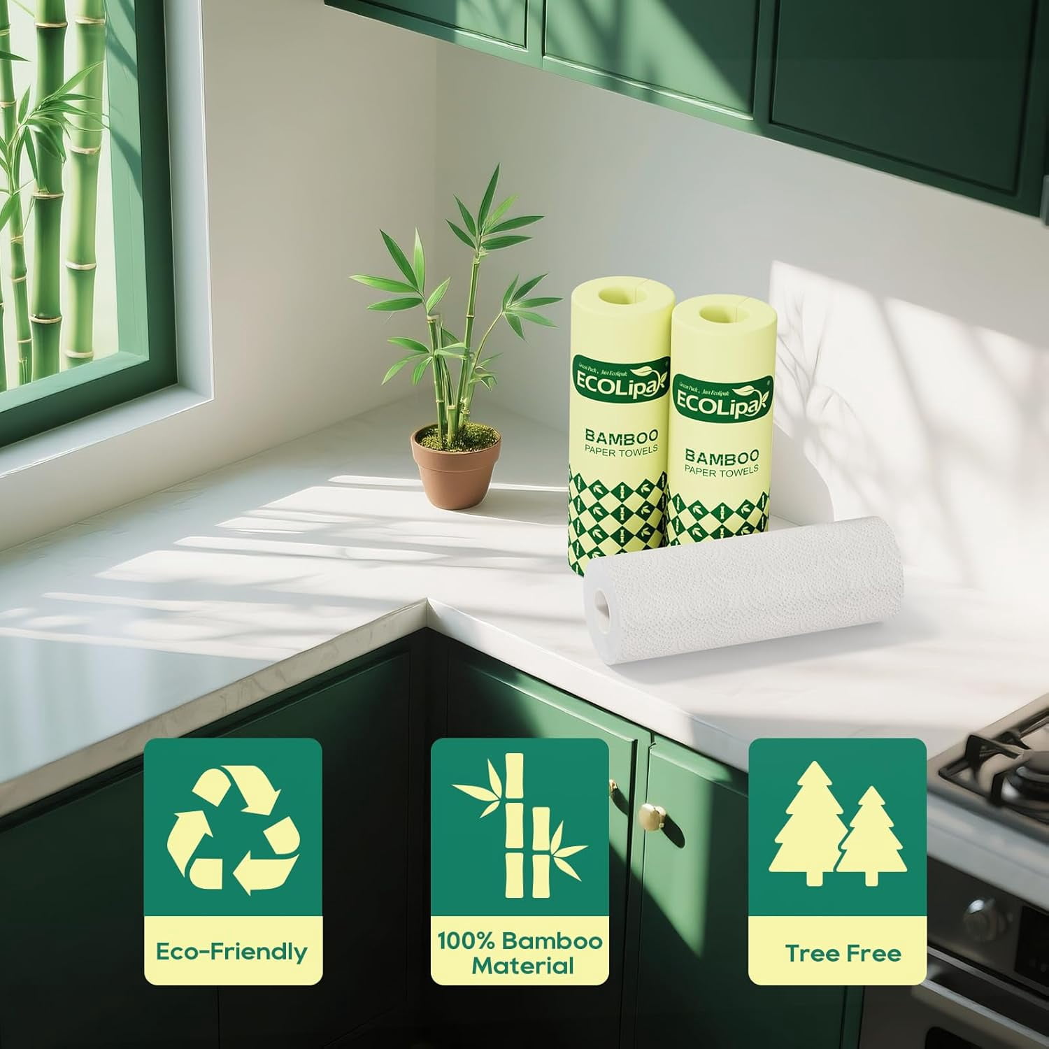 Bamboo Paper Towels - 8 Rolls, 2 Ply 120 Sheets- Plastic Free, Tree Compostable, Disposable Kitchen Towels, Soft and Absorbent, PFAS White