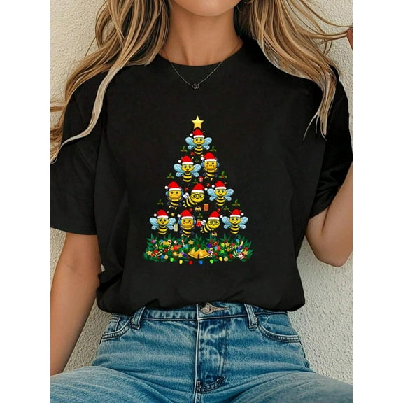 Women Cotton Tshirt Santa Bee Christmas Tree Funny Reindeer Bee Christmas T-Shirt Comfort Tshirt Women