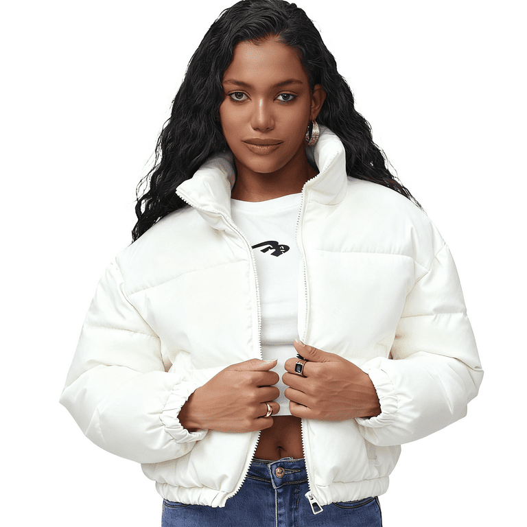 Women's white Cropped Puffer Jacket Fashion Winter Warm Quilted