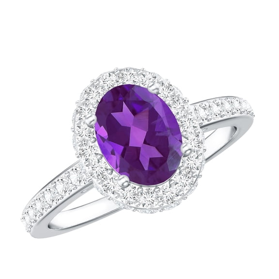 Rosec Jewels Oval Shape Amethyst Ring with Moissanite Halo for Women - 1 Carat - AAA Grade, 925 Sterling Silver, US 4.00
