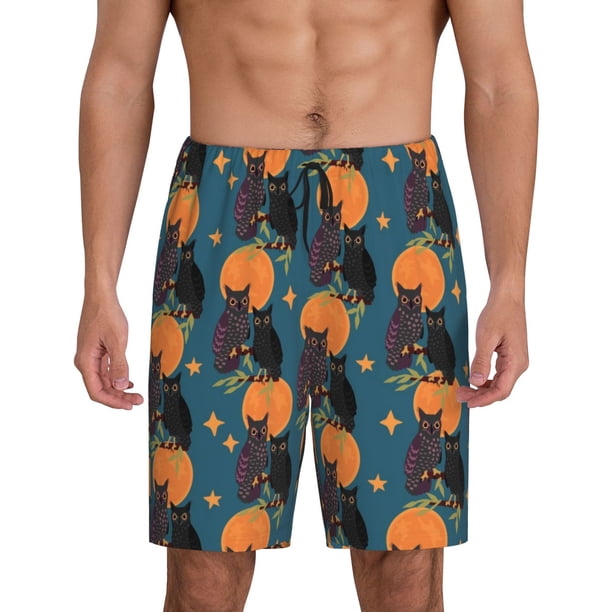 Balery Owls In Cartoon Style Pantalones cortos de pijama de punto de algodón para hombre con cinturilla y bolsillos-XX-Large