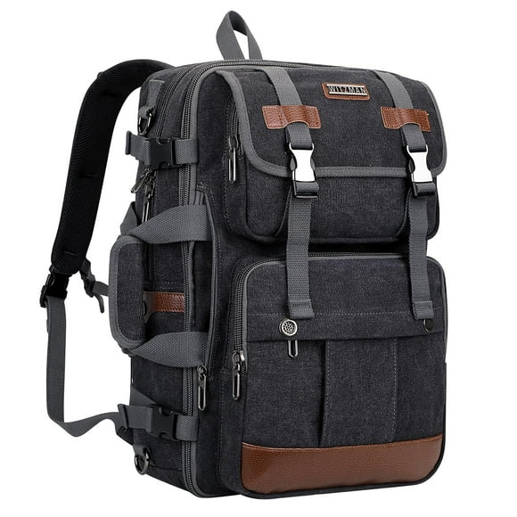 WITZMAN Canvas Travel Backpack for Men Large Laptop Backpack Fit 17 inch Carry-on Airline Approved Convertible Shoulder Rucksack(A6617-3 Black)