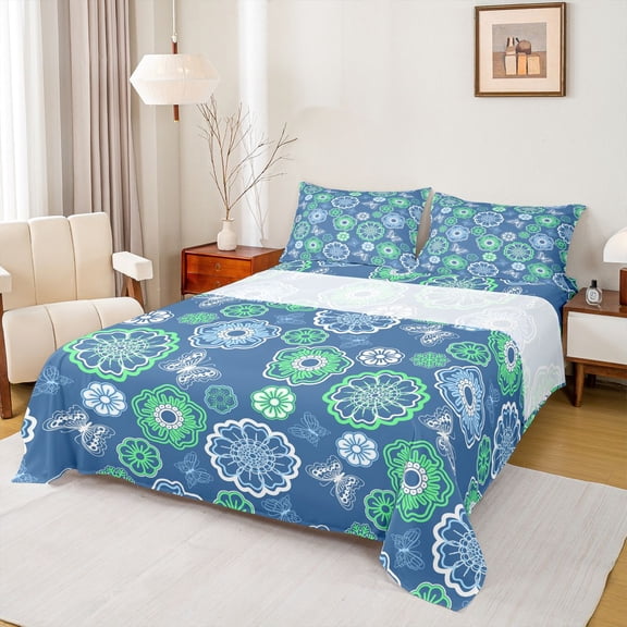 jejeloiu Ancient Floral Queen Sheets For Men Women,Nature Print Queen Sheet Sets,Blue Green,4-Piece,1 Flat Sheet, 1 Fitted Sheet and 2 Pillowcases