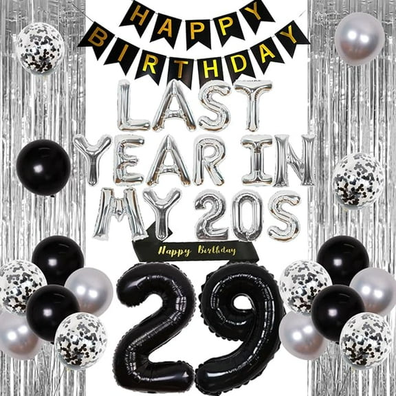 29th Birthday Decorations, Silver 'Last Year In My 20s' Banner, Cheers to 29 Years Old Decor with Whiskey Balloon, Number 29 Foil Balloons, Happy Birthday Sash