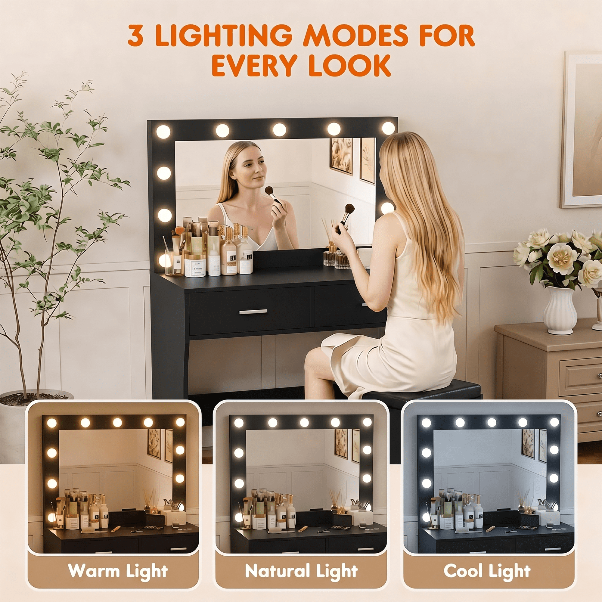 Furmax Makeup Vanity Table Set with Lights and Mirror Vanity Desk with Drawer and Chair, Black