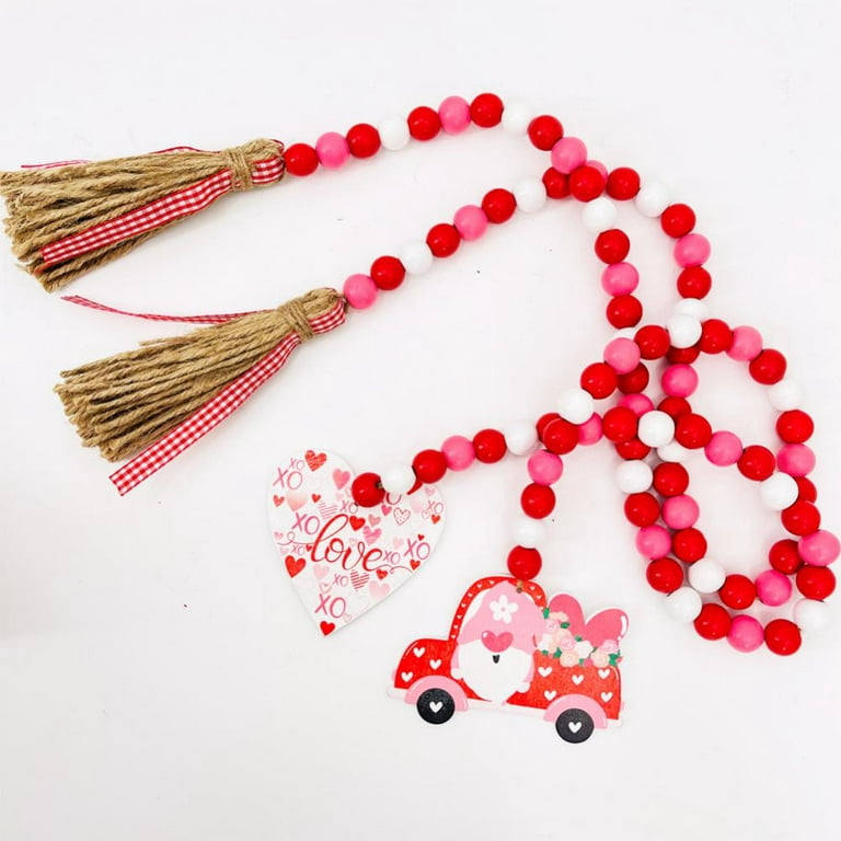 Valentines Day Wood Bead Garland with Tassels,Rustic Wooden Beads Garland Hanging Wooden Love Heart Ornaments Tiered Tray Decorations Wall Hanging
