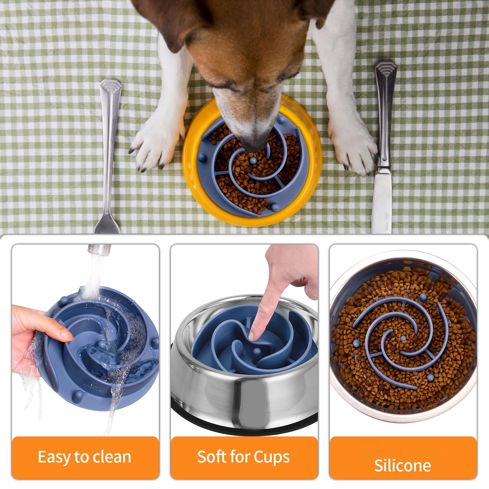 Slow Feeder Dog Bowl Insert, Soft Silicone Slow Eating Feeder with Strong Suction Cups, Fits Basic and Eleated Bowls for Small Medium Large Dogs, Promotes Digestion and Mental Stimulation, Dark Blue