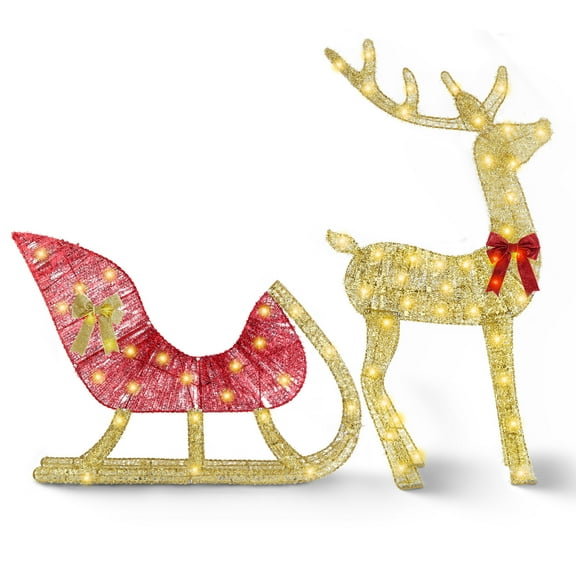 iMounTEK Light up Christmas Decor Deer Set with 8 Lighting Modes, Lighted Reindeer & Sleigh for Indoor Home Outdoor