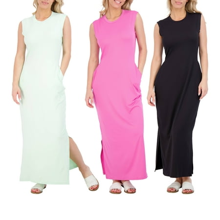 Real Essentials 3 Pack: SIZE 3X” Women s Long Tank Maxi T-Shirt Summer Casual Dress with Pockets (Available in Plus Size)
