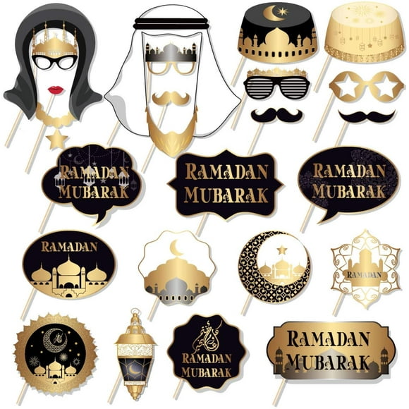 HTOOQ 25Pcs Eid Mubarak Photo Booth Props with Stick, Ramadan Kareem Theme Selfie Props, Paper Party Supplies, Photography Backdrop Decorations Ramadan Photo Booth Props -