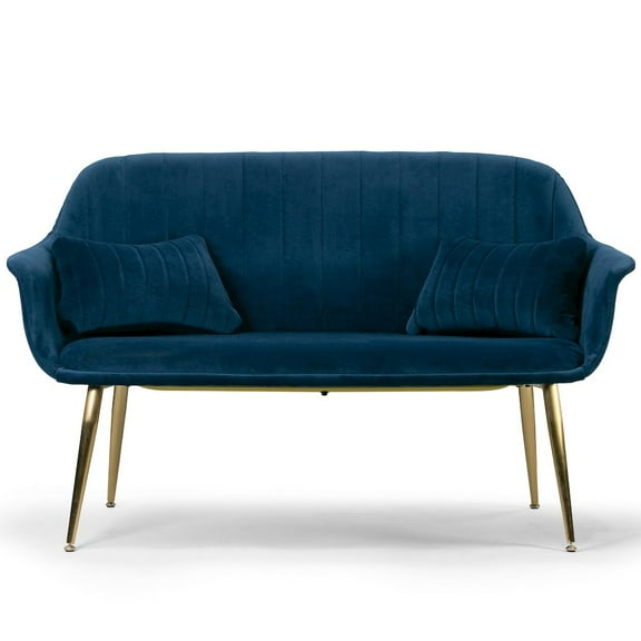 Glamour Home Angela Modern Velvet Loveseat with Metal Legs in Blue/Gold