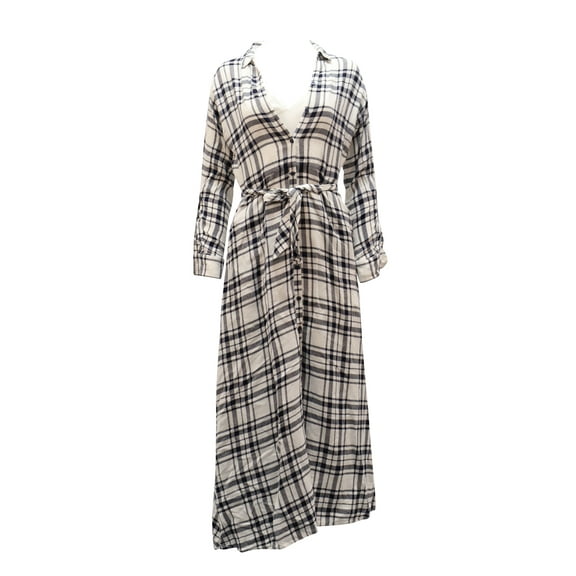 Pre-Owned Theory Checkered V-Neck Longsleeve Maxi Dress in White Viscose