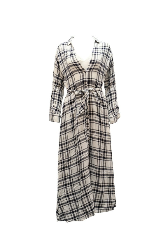 Pre-Owned Theory Checkered V-Neck Longsleeve Maxi Dress in White Viscose