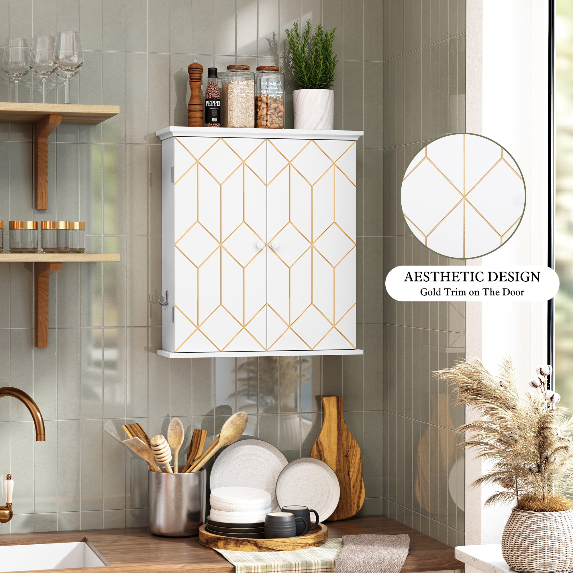 HLR Wall-Mounted Bathroom Storage Cabinet with Gold Trim, Bathroom Cabinet with Adjustable Shelves