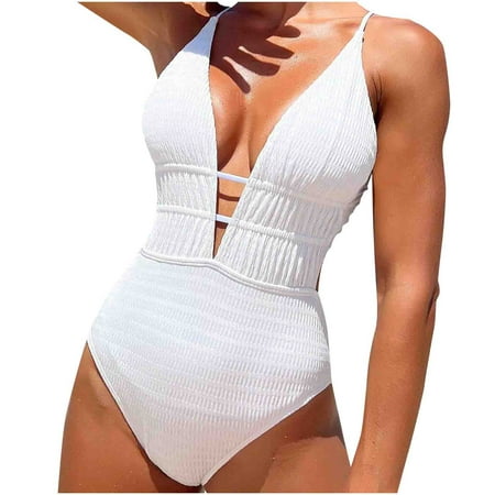 Virmaxy Women s Solid Color One-piece Swimsuit Sexy Backless Strappy Tankini Camisole Waist Cinching Swimwear With Bra Padded for Pool Party Vacation White-1 M